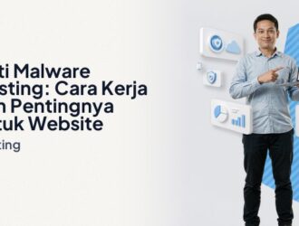 Ilustrasi tameng anti malware hosting melindungi server dengan indikator pemindaian, deteksi ancaman, dan status website aman.
