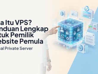 Ilustrasi konsep apa itu VPS: server fisik besar terpartisi menjadi kotak-kotak server virtual berwarna cerah, masing-masing berisi ikon website, database, dan aplikasi.