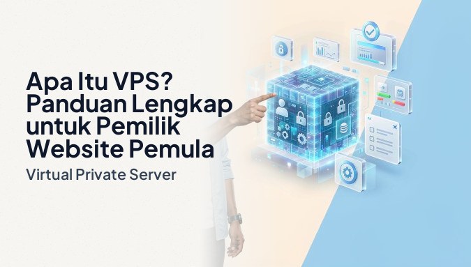 Ilustrasi konsep apa itu VPS: server fisik besar terpartisi menjadi kotak-kotak server virtual berwarna cerah, masing-masing berisi ikon website, database, dan aplikasi.