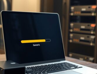 Pemilik bisnis memeriksa backup website di laptop dengan server penyimpanan di belakangnya