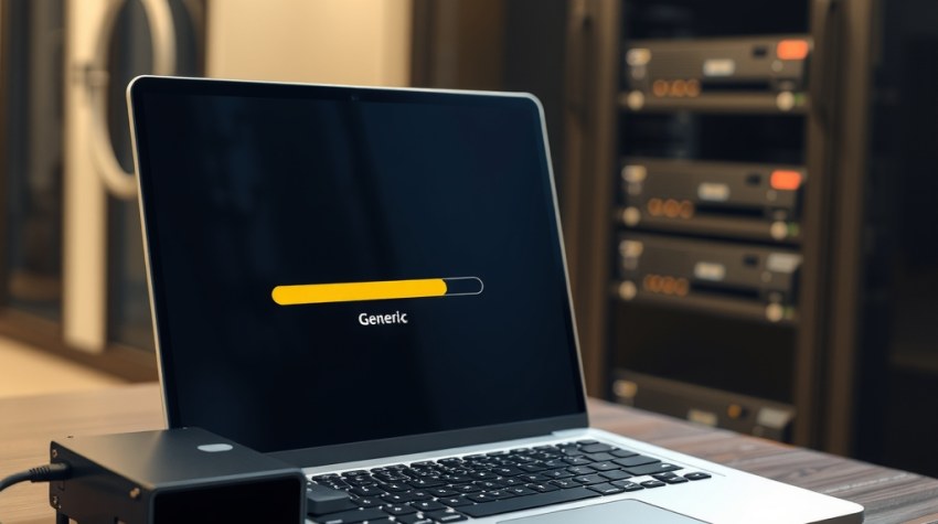 Pemilik bisnis memeriksa backup website di laptop dengan server penyimpanan di belakangnya