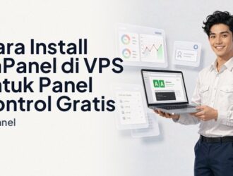 Tampilan terminal SSH dan dasbor aaPanel setelah berhasil install aaPanel VPS di laptop profesional Indonesia