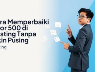 Pemilik website Indonesia tampak serius menunjuk layar laptop yang menampilkan pesan error 500 hosting, dengan kartu UI notifikasi error, panel log server, dan daftar langkah perbaikan melayang.