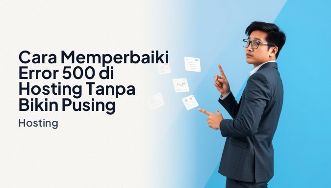 Pemilik website Indonesia tampak serius menunjuk layar laptop yang menampilkan pesan error 500 hosting, dengan kartu UI notifikasi error, panel log server, dan daftar langkah perbaikan melayang.