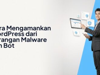 Ilustrasi seorang profesional IT Indonesia tersenyum memegang laptop dengan antarmuka keamanan WordPress, dikelilingi kartu UI notifikasi serangan bot, log malware, pengaturan firewall, dan status kea