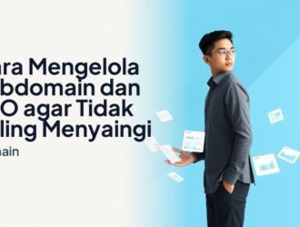Ilustrasi pengelolaan subdomain dan SEO menampilkan struktur domain utama dan subdomain yang terhubung dengan sinyal peringkat mesin pencari.