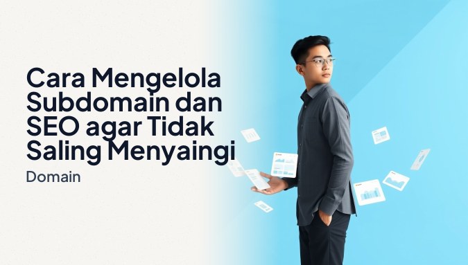 Ilustrasi pengelolaan subdomain dan SEO menampilkan struktur domain utama dan subdomain yang terhubung dengan sinyal peringkat mesin pencari.