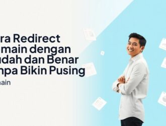 Ilustrasi pria profesional Indonesia tersenyum memegang laptop, menunjukkan proses cara redirect domain dengan kartu UI notifikasi sukses, grafik trafik naik, dan ikon DNS.