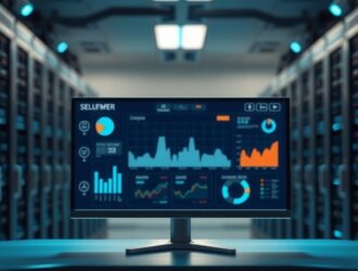 Dashboard panel server menampilkan fitur aaPanel 8.0 pada monitor di ruang kerja