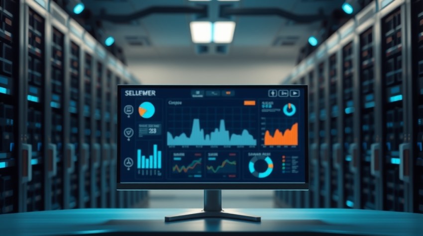 Dashboard panel server menampilkan fitur aaPanel 8.0 pada monitor di ruang kerja