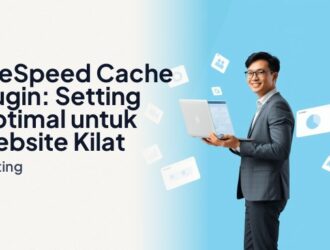 Ilustrasi setting LiteSpeed Cache plugin dengan beberapa panel kartu UI seperti grafik peningkatan kecepatan LCP, antarmuka optimasi gambar, dan indikator status caching hijau