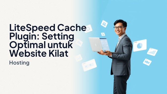Ilustrasi setting LiteSpeed Cache plugin dengan beberapa panel kartu UI seperti grafik peningkatan kecepatan LCP, antarmuka optimasi gambar, dan indikator status caching hijau