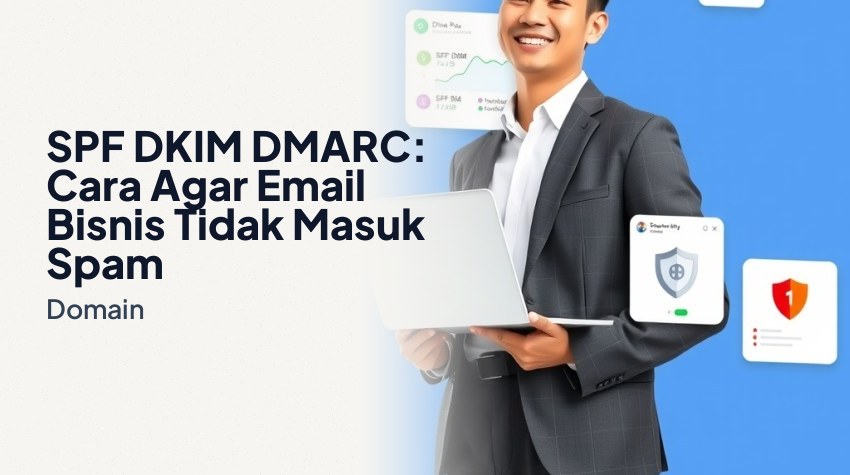 Pemilik bisnis memeriksa status SPF DKIM DMARC email domain di laptop