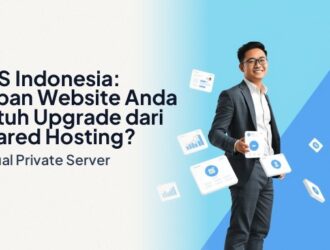Ilustrasi administrator TI Indonesia tersenyum melakukan upgrade dari shared hosting ke VPS Indonesia dengan kartu UI metrik server melayang