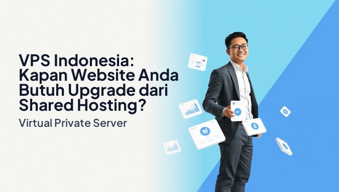 Ilustrasi administrator TI Indonesia tersenyum melakukan upgrade dari shared hosting ke VPS Indonesia dengan kartu UI metrik server melayang