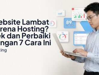 Seorang profesional IT Indonesia tampak serius menganalisis metrik website lambat hosting di laptop, dengan kartu UI melayang seperti grafik waktu muat, log server, indikator CPU usage, dan panel kont