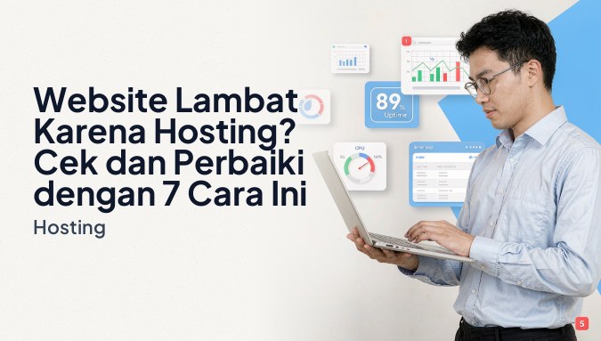 Seorang profesional IT Indonesia tampak serius menganalisis metrik website lambat hosting di laptop, dengan kartu UI melayang seperti grafik waktu muat, log server, indikator CPU usage, dan panel kont